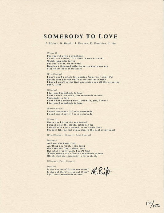Somebody To Love - LIMITED EDITION Signed Lyric Sheet - Heather Bright, Justin Bieber