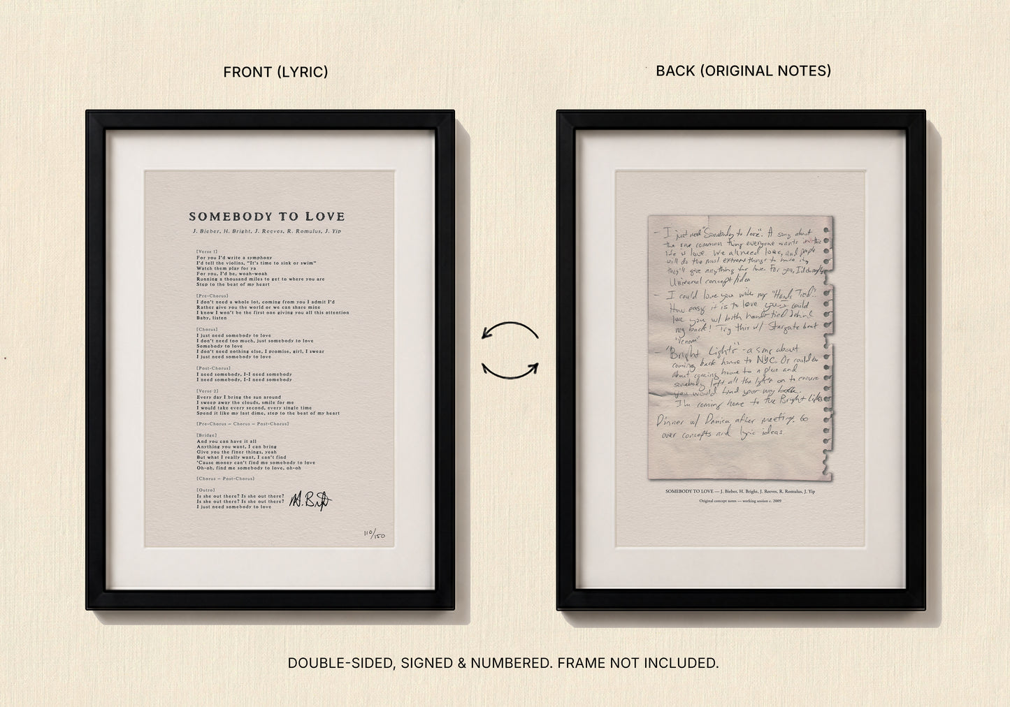 Two framed documents side by side, one with lyrics and the other with handwritten notes, on a beige background.