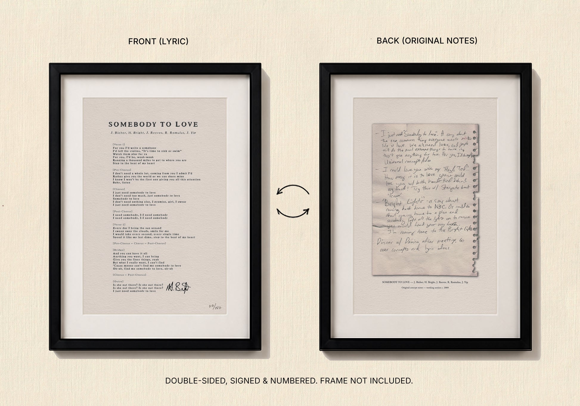 Two framed documents side by side, one with lyrics and the other with handwritten notes, on a beige background.