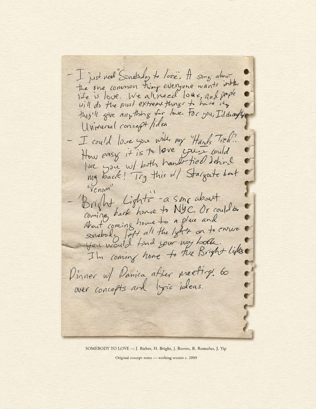 Somebody To Love - LIMITED EDITION Signed Lyric Sheet BACK - Heather Bright, Justin Bieber writer's journal