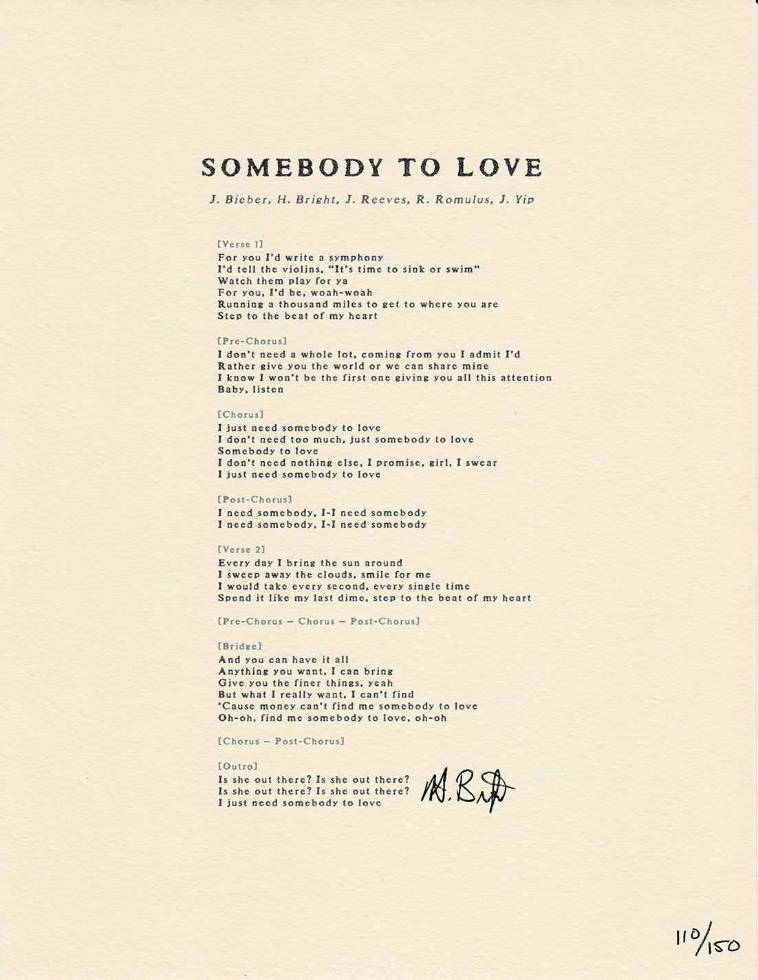 Somebody To Love - LIMITED EDITION Signed Lyric Sheet - Heather Bright, Justin Bieber
