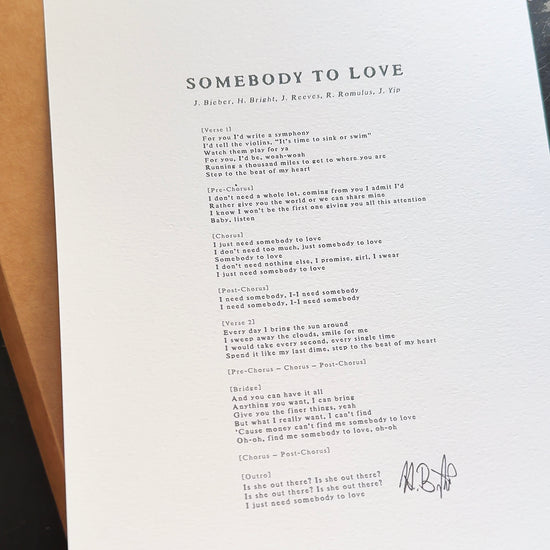 Somebody To Love - LIMITED EDITION Signed Lyric Sheet - Heather Bright, Justin Bieber
