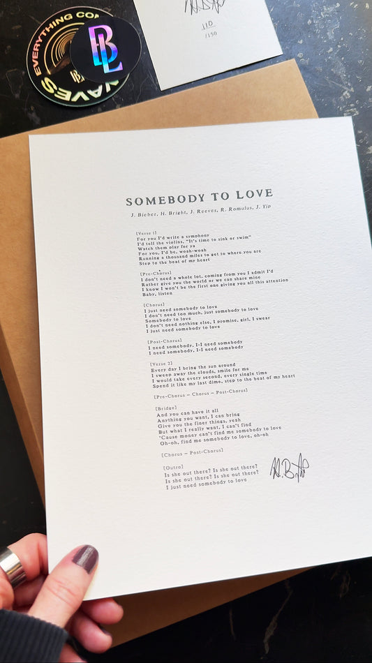 Somebody To Love - LIMITED EDITION Signed Lyric Sheet - Heather Bright, Justin Bieber